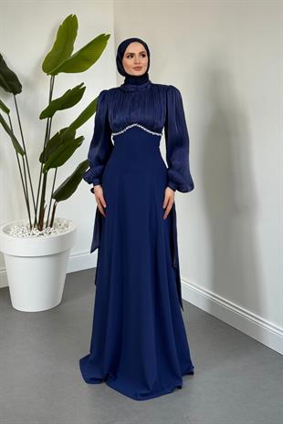 Shabnam Beli Taşlı Abiye Lacivert