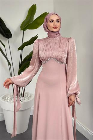 Shabnam Beli Taşlı Abiye Pudra