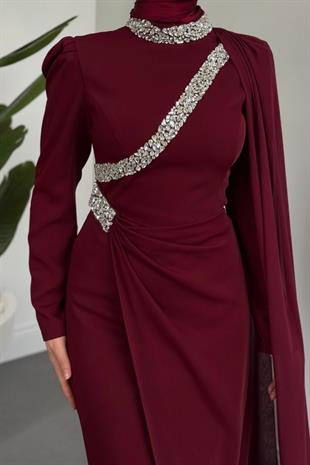 Shahrzad Pelerinli Taşlı Abiye Bordo
