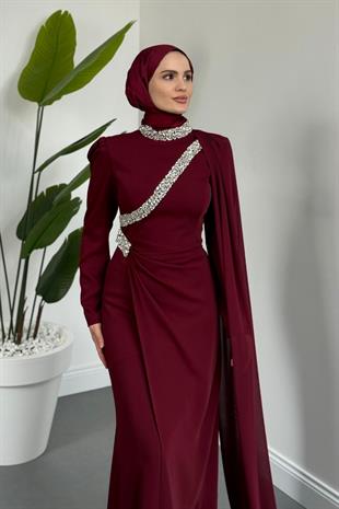 Shahrzad Pelerinli Taşlı Abiye Bordo