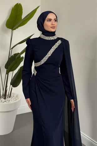 Shahrzad Pelerinli Taşlı Abiye Lacivert