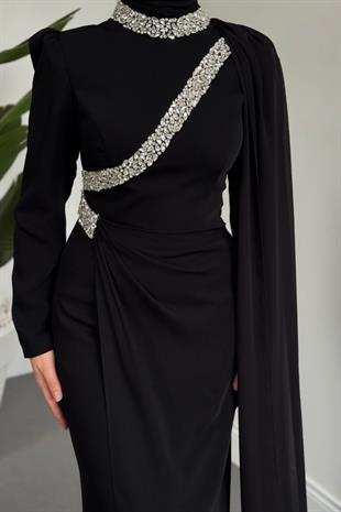 Shahrzad Pelerinli Taşlı Abiye Siyah