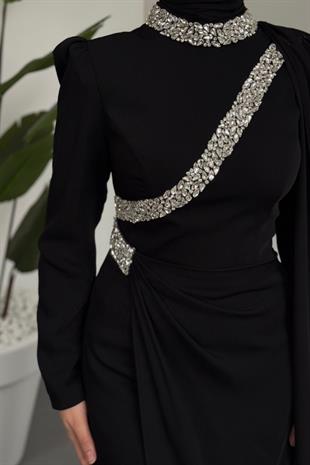 Shahrzad Pelerinli Taşlı Abiye Siyah