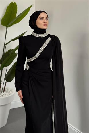 Shahrzad Pelerinli Taşlı Abiye Siyah