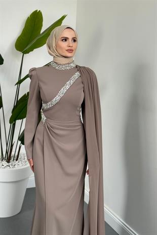 Shahrzad Pelerinli Taşlı Abiye Vizon