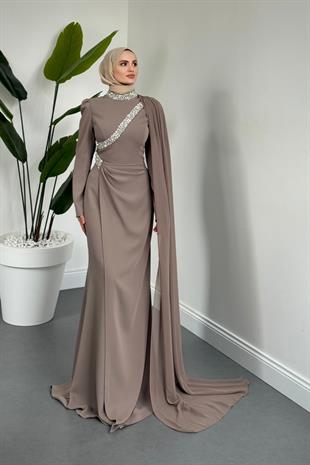 Shahrzad Pelerinli Taşlı Abiye Vizon