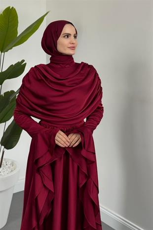 Sharin Drapeli Kolları Fırfırlı Abiye Bordo