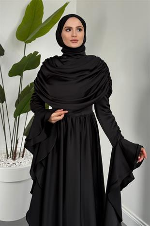 Sharin Drapeli Kolları Fırfırlı Abiye Siyah