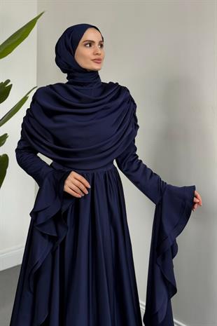 Sharin Drapeli Kolları Fırfırlı Abiye Lacivert