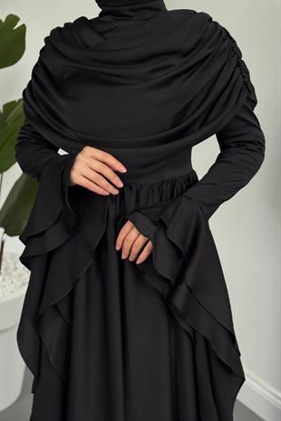 Sharin Drapeli Kolları Fırfırlı Abiye Siyah