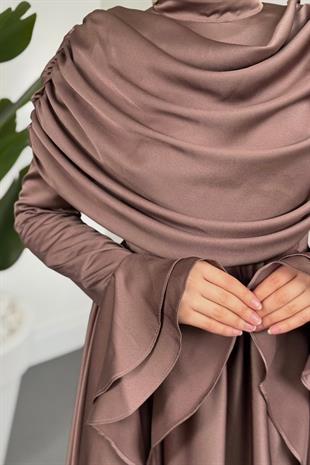 Sharin Drapeli Kolları Fırfırlı Abiye Vizon
