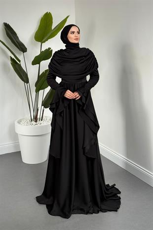 Sharin Drapeli Kolları Fırfırlı Abiye Siyah