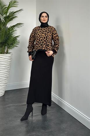 Shea Leopar Crop Jile Takım Siyah