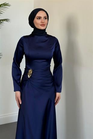 Siena Yandan Bağlamalı Saten Abiye Lacivert(TOKASIZDIR)