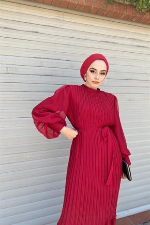 Sık Pileli Balon Kol Elbise Bordo