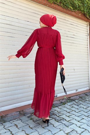 Sık Pileli Balon Kol Elbise Bordo