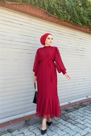 Sık Pileli Balon Kol Elbise Bordo