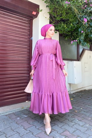 Sık Pileli Balon Kol Elbise Pembe