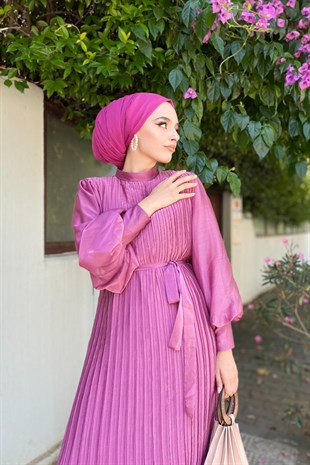 Sık Pileli Balon Kol Elbise Pembe