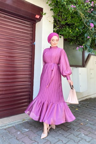 Sık Pileli Balon Kol Elbise Pembe