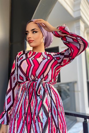 Sık Pileli Desenli Elbise Pembe