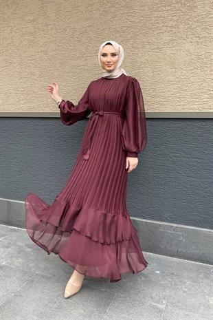 Sık Pileli Kemerli Abiye Kahverengi