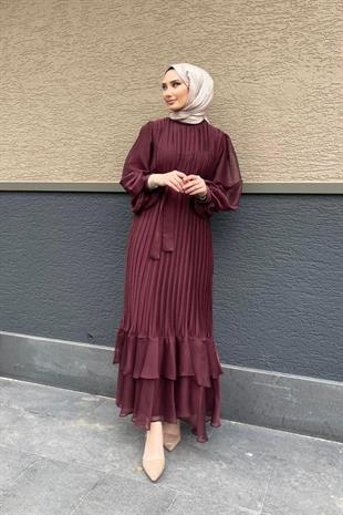 Sık Pileli Kemerli Abiye Kahverengi