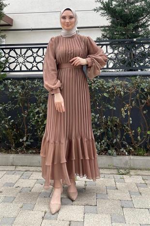 Sık Pileli Kemerli Abiye Vizon