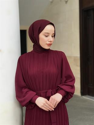 Sık Pileli Şifon Balon Kol Elbise Bordo