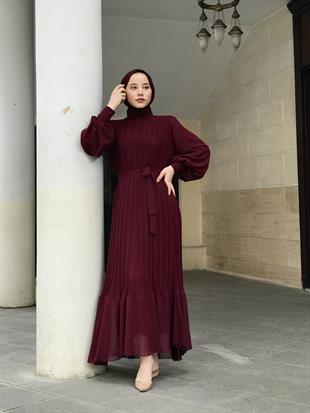 Sık Pileli Şifon Balon Kol Elbise Bordo