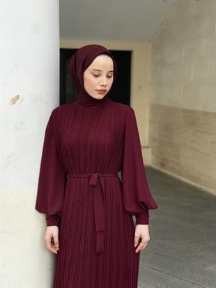 Sık Pileli Şifon Balon Kol Elbise Bordo