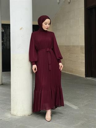 Sık Pileli Şifon Balon Kol Elbise Bordo