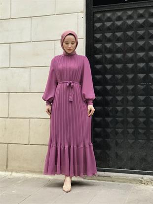 Sık Pileli Şifon Balon Kol Elbise Pembe