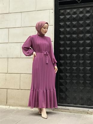 Sık Pileli Şifon Balon Kol Elbise Pembe