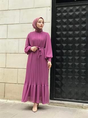 Sık Pileli Şifon Balon Kol Elbise Pembe
