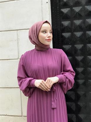 Sık Pileli Şifon Balon Kol Elbise Pembe