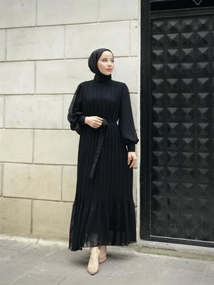 Sık Pileli Şifon Balon Kol Elbise Siyah