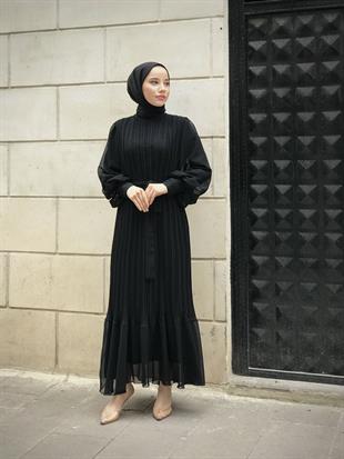 Sık Pileli Şifon Balon Kol Elbise Siyah