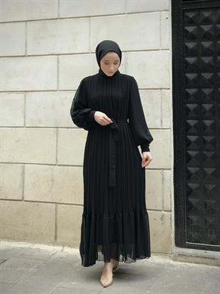 Sık Pileli Şifon Balon Kol Elbise Siyah