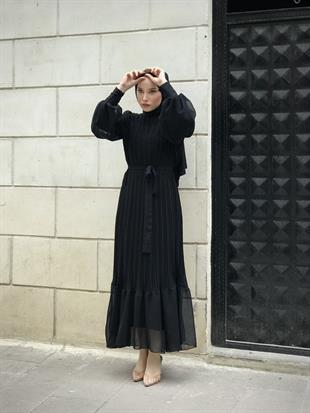 Sık Pileli Şifon Balon Kol Elbise Siyah