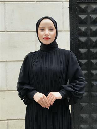 Sık Pileli Şifon Balon Kol Elbise Siyah