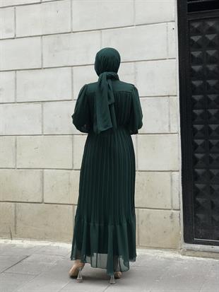 Sık Pileli Şifon Balon Kol Elbise Zümrüt Yeşili