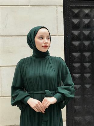 Sık Pileli Şifon Balon Kol Elbise Zümrüt Yeşili