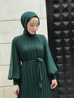 Sık Pileli Şifon Balon Kol Elbise Zümrüt Yeşili