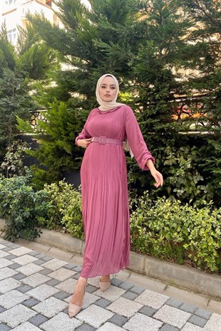 Sık Piliseli Şifon Elbise Gül
