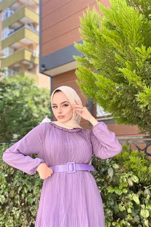 Sık Piliseli Şifon Elbise Lila