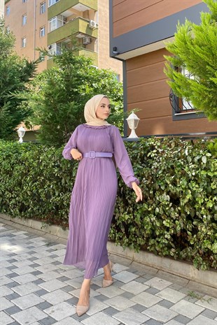 Sık Piliseli Şifon Elbise Lila