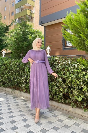 Sık Piliseli Şifon Elbise Lila