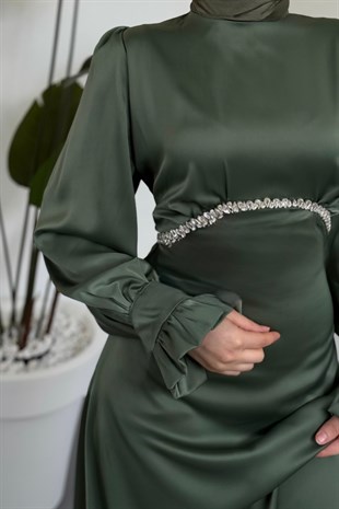 Silvana Beli Taşlı Arkası Büzgülü Abiye Mint