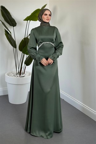 Silvana Beli Taşlı Arkası Büzgülü Abiye Mint